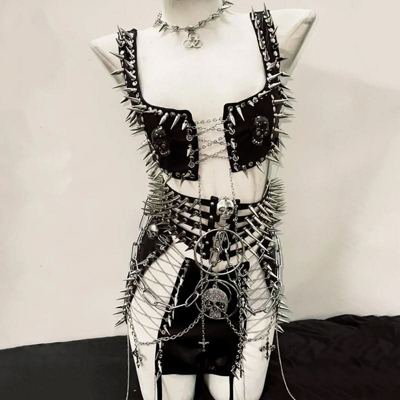 Fierce Spiked Skull Goth Rave Two-Piece Set - Your Ultimate Halloween & Concert Statement!