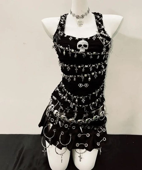 Rebel Spirit: Gothic Grunge Skull & Cross Chain Mini Dress - Halloween & Fall Festival Clubwear