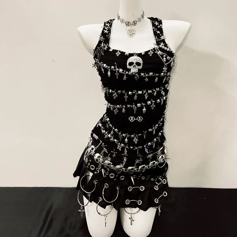 Rebel Spirit: Gothic Grunge Skull & Cross Chain Mini Dress - Halloween & Fall Festival Clubwear
