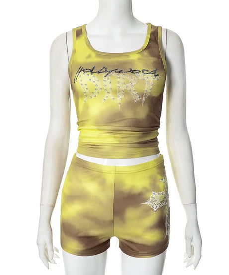 Effortless Y2K Tie-Dye Ribbed 'Addicted' Tank & Shorts Set - Rhinestone Embellished Loungewear for Fall
