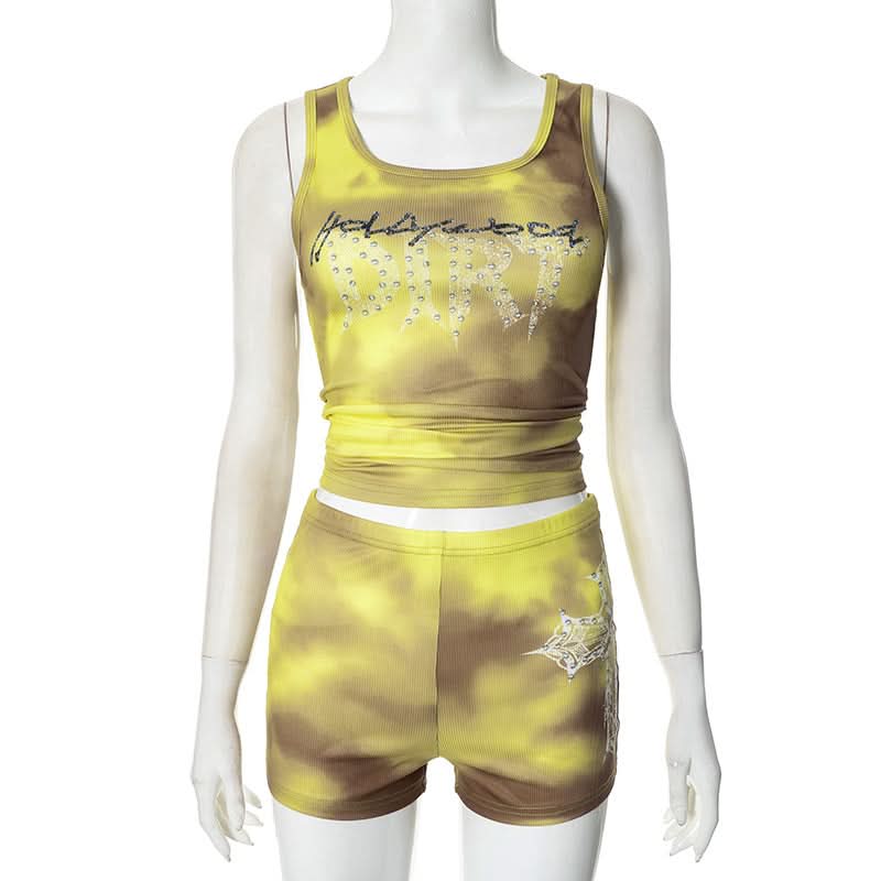 Effortless Y2K Tie-Dye Ribbed 'Addicted' Tank & Shorts Set - Rhinestone Embellished Loungewear for Fall