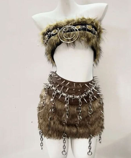 Fierce Faux Fur Spiked O-Ring Festival Set - Wild Warrior Two-Piece for Halloween & Rave