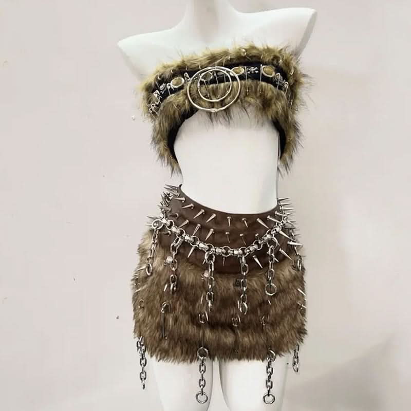 Fierce Faux Fur Spiked O-Ring Festival Set - Wild Warrior Two-Piece for Halloween & Rave