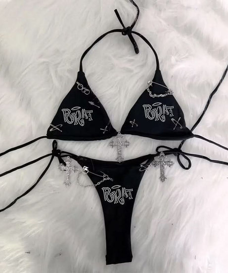 Edgy Y2K Bratz Rhinestone & Cross Charm Halter Bikini Set – Alt Swimwear for Winter Escapes & Festival Vibes