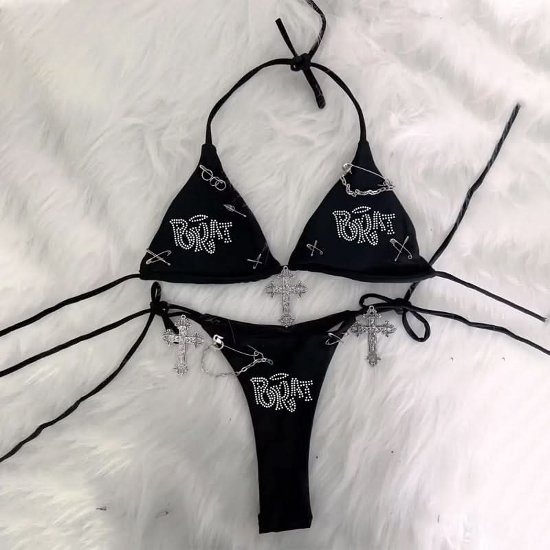 Edgy Y2K Bratz Rhinestone & Cross Charm Halter Bikini Set – Alt Swimwear for Winter Escapes & Festival Vibes