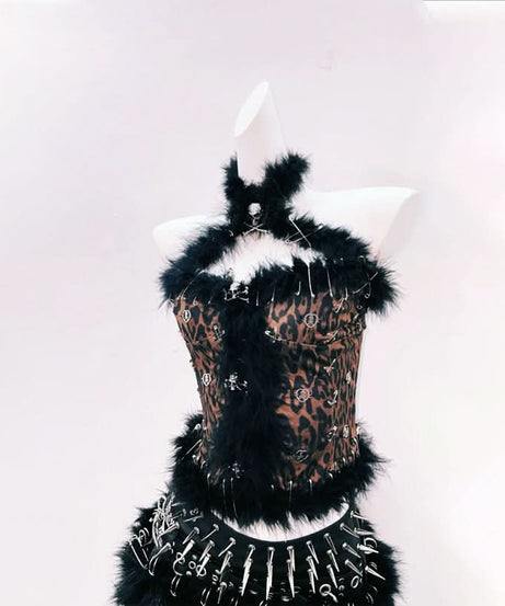 Unleashed Wild Child: Spiked Leopard Faux Fur Halter Top & Chain Skirt Set - Halloween & Rave Ready