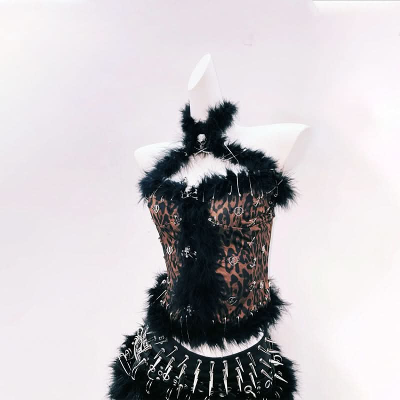 Unleashed Wild Child: Spiked Leopard Faux Fur Halter Top & Chain Skirt Set - Halloween & Rave Ready