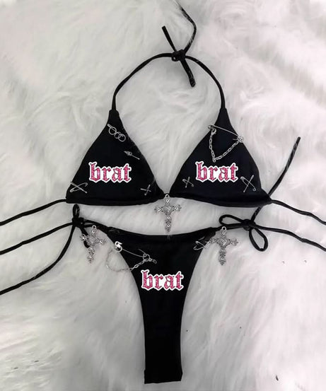 Sassy 'Brat' Goth Bikini Set - Edgy Halter Swimsuit with Cross Charms & Safety Pins
