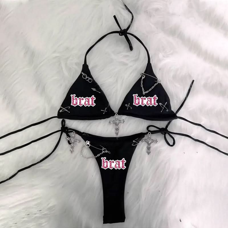 Sassy 'Brat' Goth Bikini Set - Edgy Halter Swimsuit with Cross Charms & Safety Pins