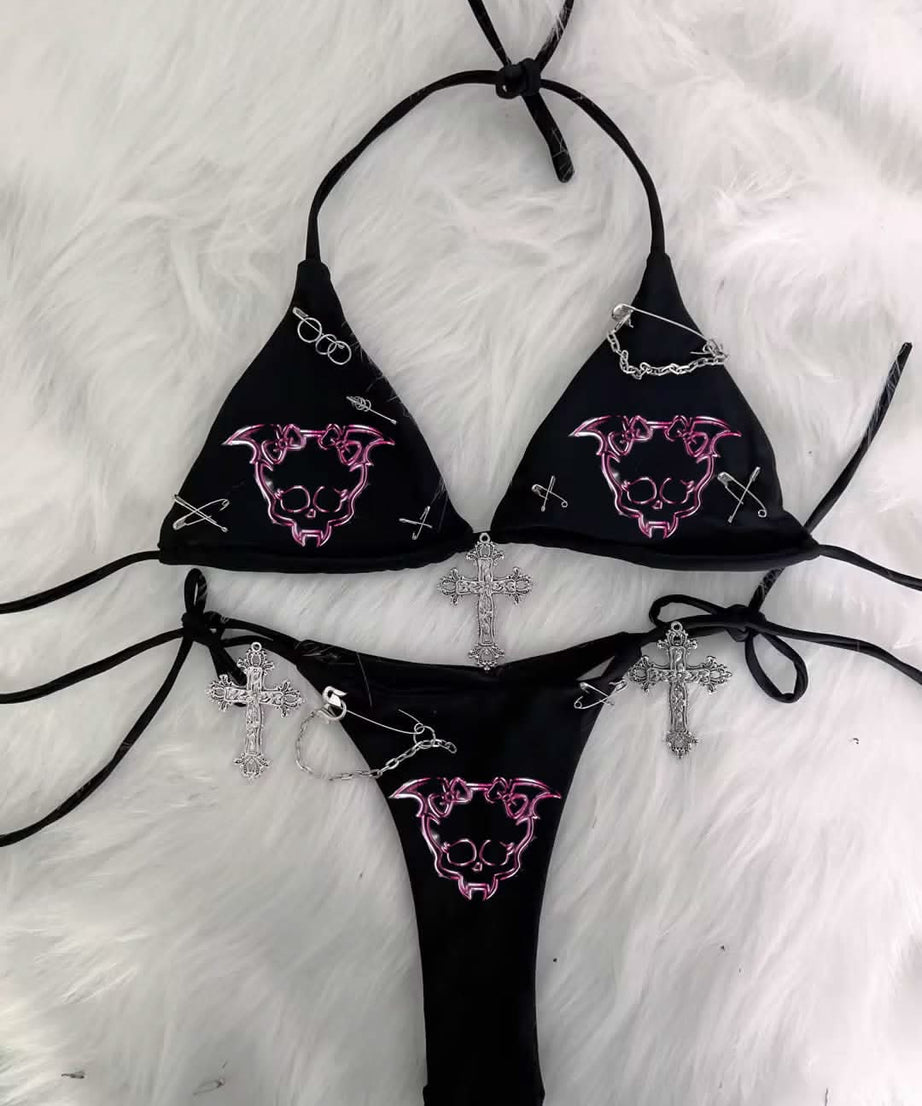 Sassy 'Brat' Goth Bikini Set - Edgy Halter Swimsuit with Cross Charms & Safety Pins
