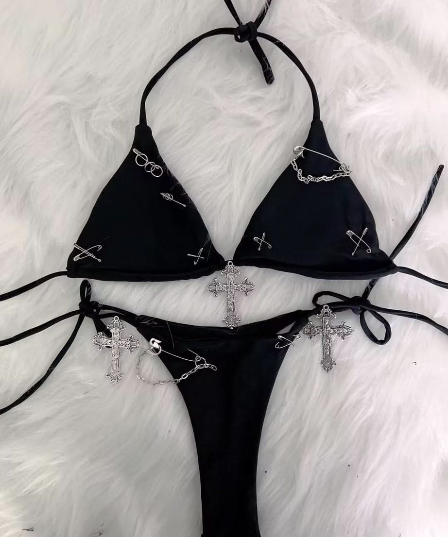 Sassy 'Brat' Goth Bikini Set - Edgy Halter Swimsuit with Cross Charms & Safety Pins