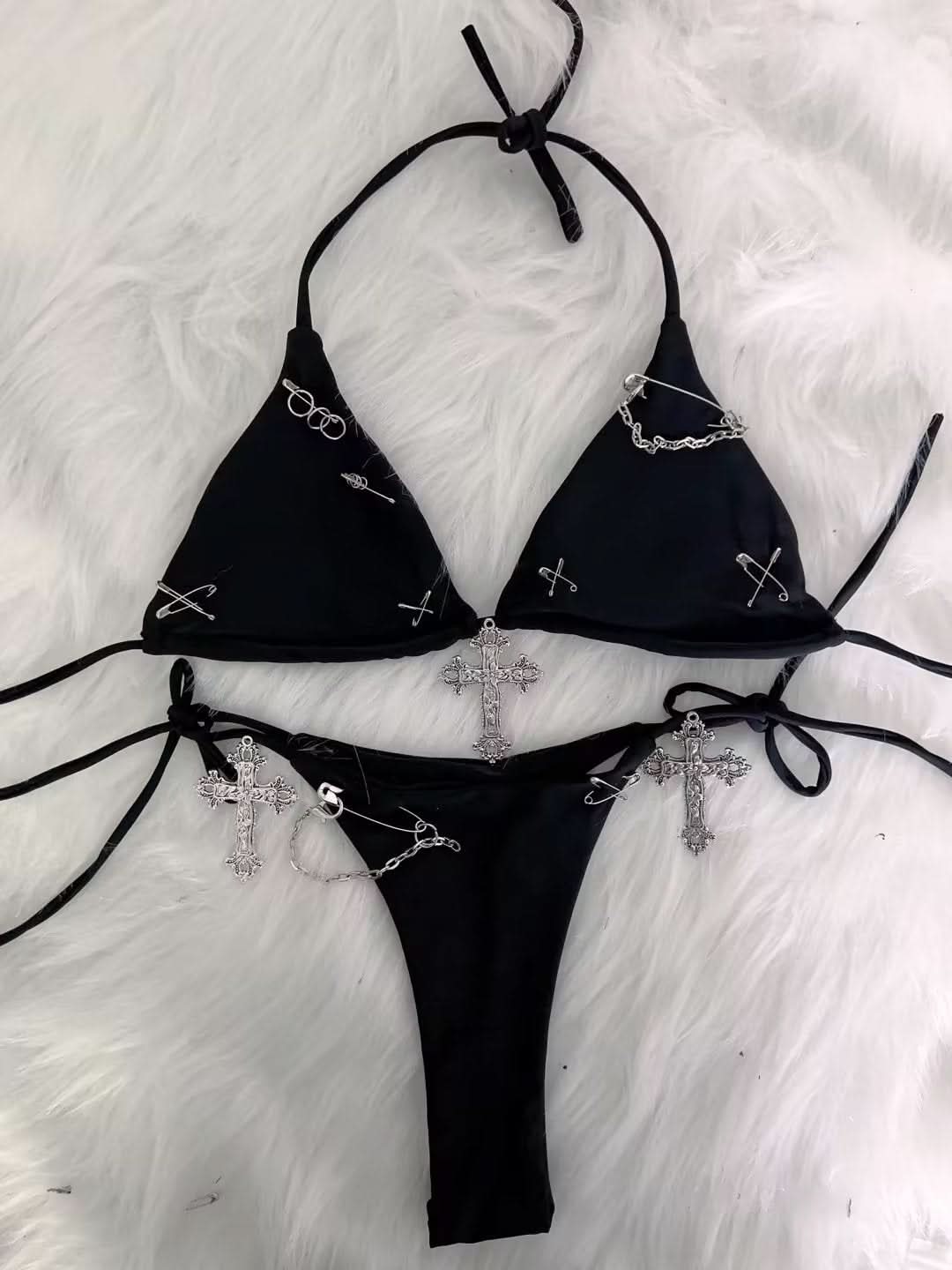 Sassy 'Brat' Goth Bikini Set - Edgy Halter Swimsuit with Cross Charms & Safety Pins
