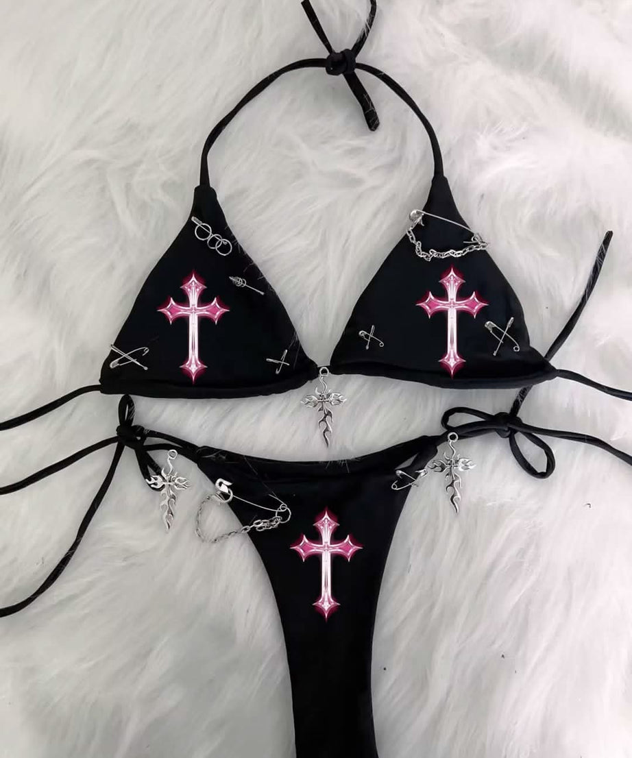 Sassy 'Brat' Goth Bikini Set - Edgy Halter Swimsuit with Cross Charms & Safety Pins