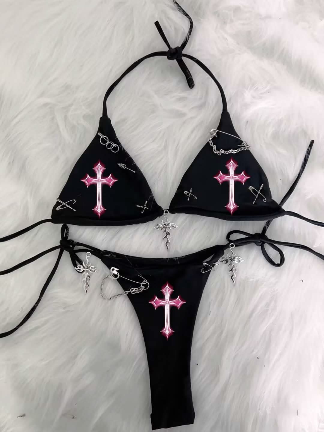 Sassy 'Brat' Goth Bikini Set - Edgy Halter Swimsuit with Cross Charms & Safety Pins