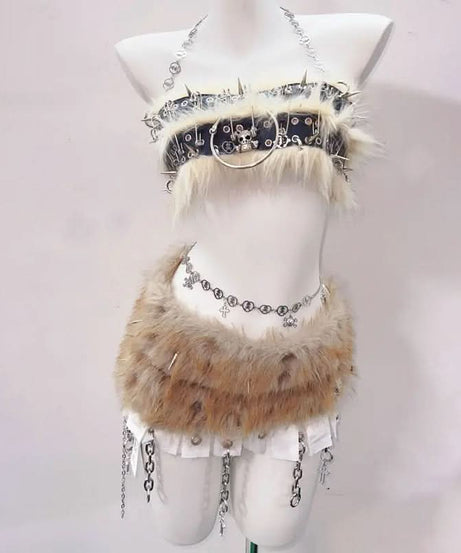 Untamed Spirit: Fierce Faux Fur & Spiked Halter Mini Set - Halloween Rave & Festival Outfit