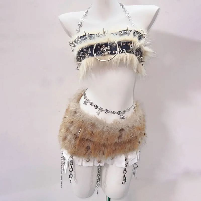 Untamed Spirit: Fierce Faux Fur & Spiked Halter Mini Set - Halloween Rave & Festival Outfit