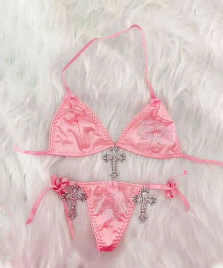Y2K Bratz Pink Satin Rhinestone Cross Lingerie Set - Halloween Ready!