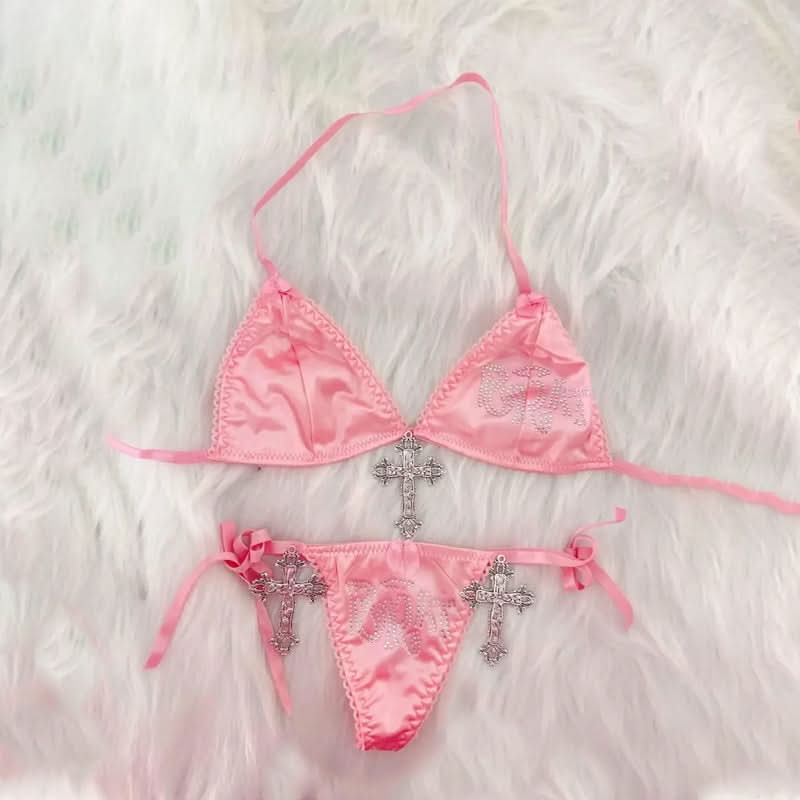 Y2K Bratz Pink Satin Rhinestone Cross Lingerie Set - Halloween Ready!
