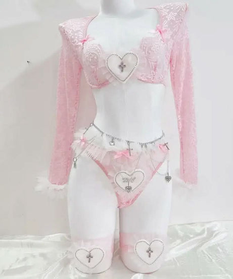 Coquette Angelcore Pink Lace Lingerie Set | Sweetheart Crop Top, Chain Belt & Thigh-High Stockings