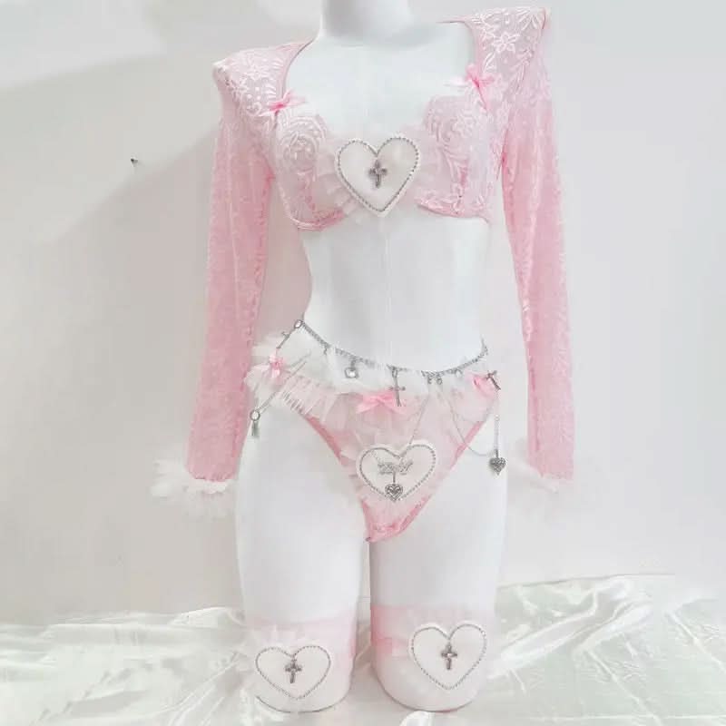 Coquette Angelcore Pink Lace Lingerie Set | Sweetheart Crop Top, Chain Belt & Thigh-High Stockings
