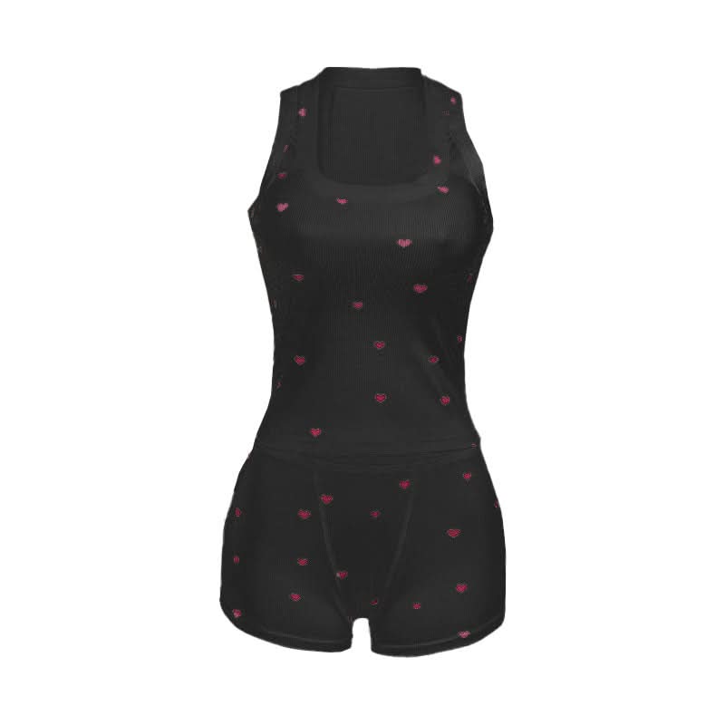 Sweet Hearts Ribbed Square Neck Tank & Shorts Set – Cozy Loungewear & Pajamas for Fall