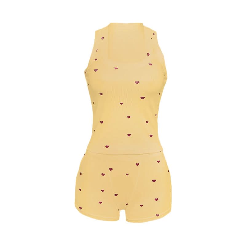 Sweet Hearts Ribbed Square Neck Tank & Shorts Set – Cozy Loungewear & Pajamas for Fall