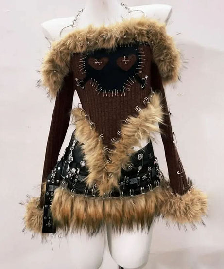 Fierce Faux Fur Safety Pin Crop Top - Edgy Distressed Heart Knit