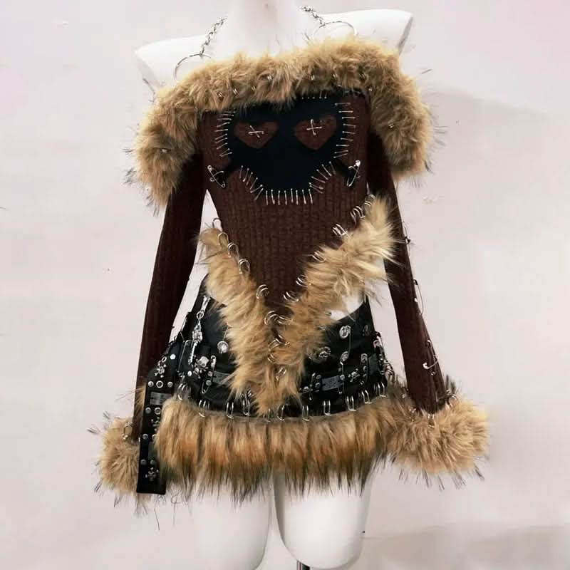 Fierce Faux Fur Safety Pin Crop Top - Edgy Distressed Heart Knit