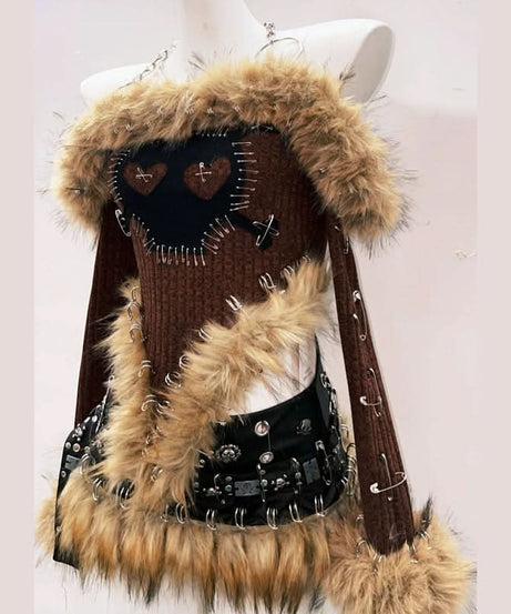 Fierce Faux Fur Safety Pin Crop Top - Edgy Distressed Heart Knit