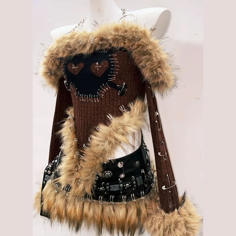 Fierce Faux Fur Safety Pin Crop Top - Edgy Distressed Heart Knit