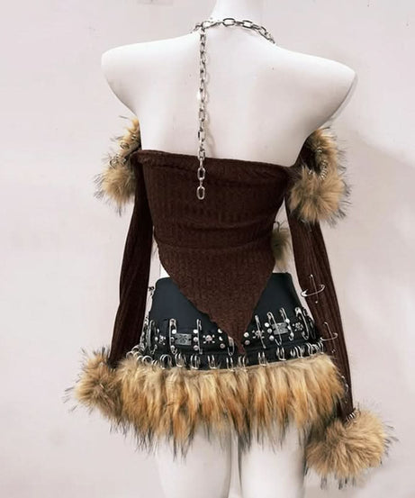 Fierce Faux Fur Safety Pin Crop Top - Edgy Distressed Heart Knit