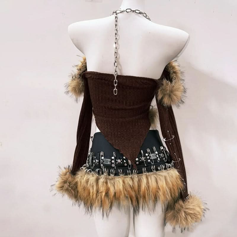 Fierce Faux Fur Safety Pin Crop Top - Edgy Distressed Heart Knit