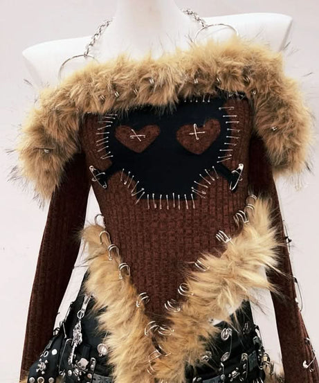 Fierce Faux Fur Safety Pin Crop Top - Edgy Distressed Heart Knit