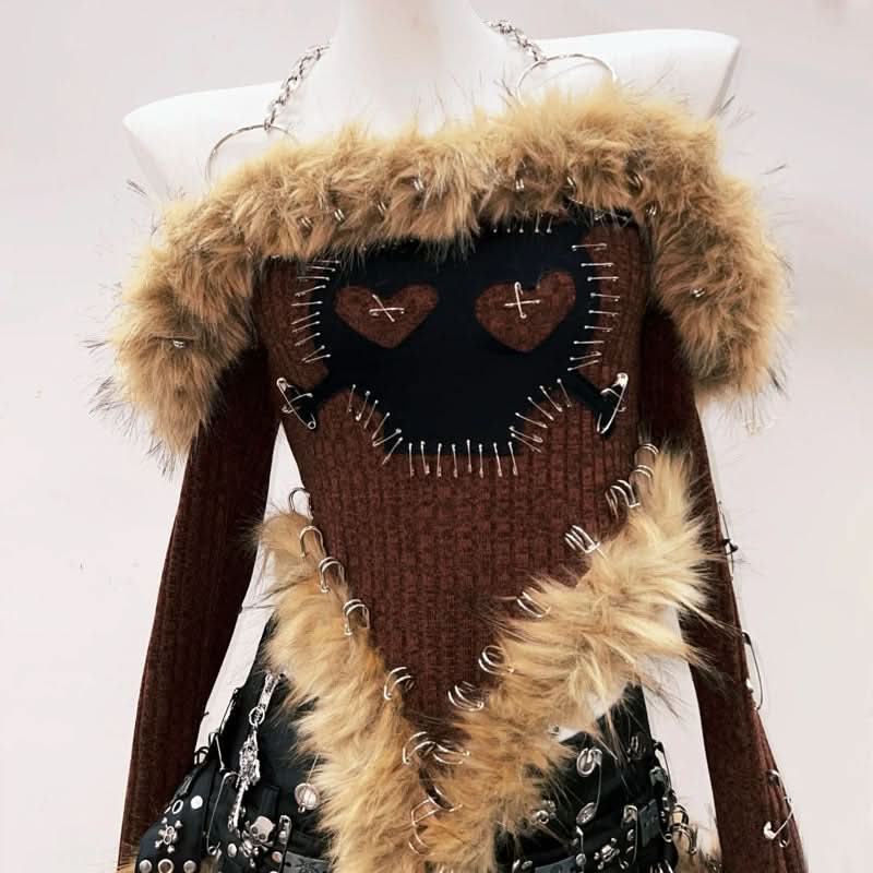 Fierce Faux Fur Safety Pin Crop Top - Edgy Distressed Heart Knit