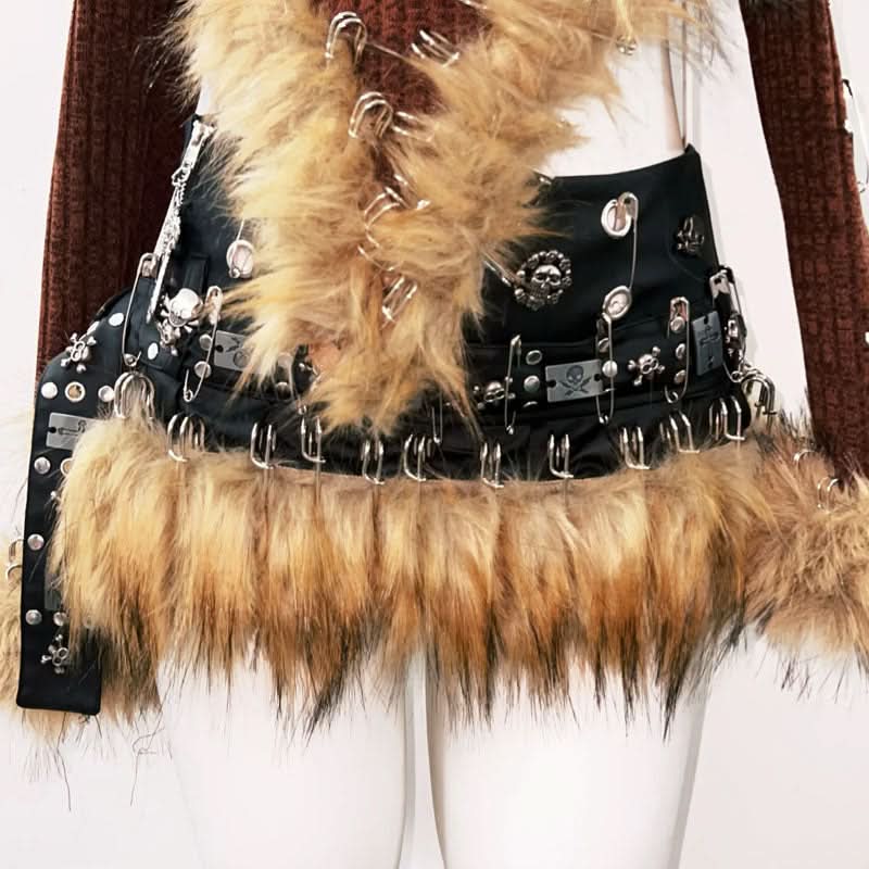 Fierce Faux Fur Safety Pin Crop Top - Edgy Distressed Heart Knit