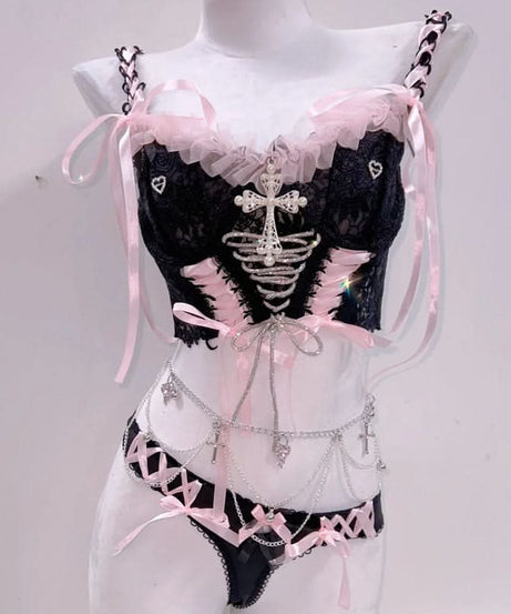Black & Pink Gothic Coquette Lingerie Set | Lace-Up Corset Cami & Chain Charm Thong for Fall & Halloween