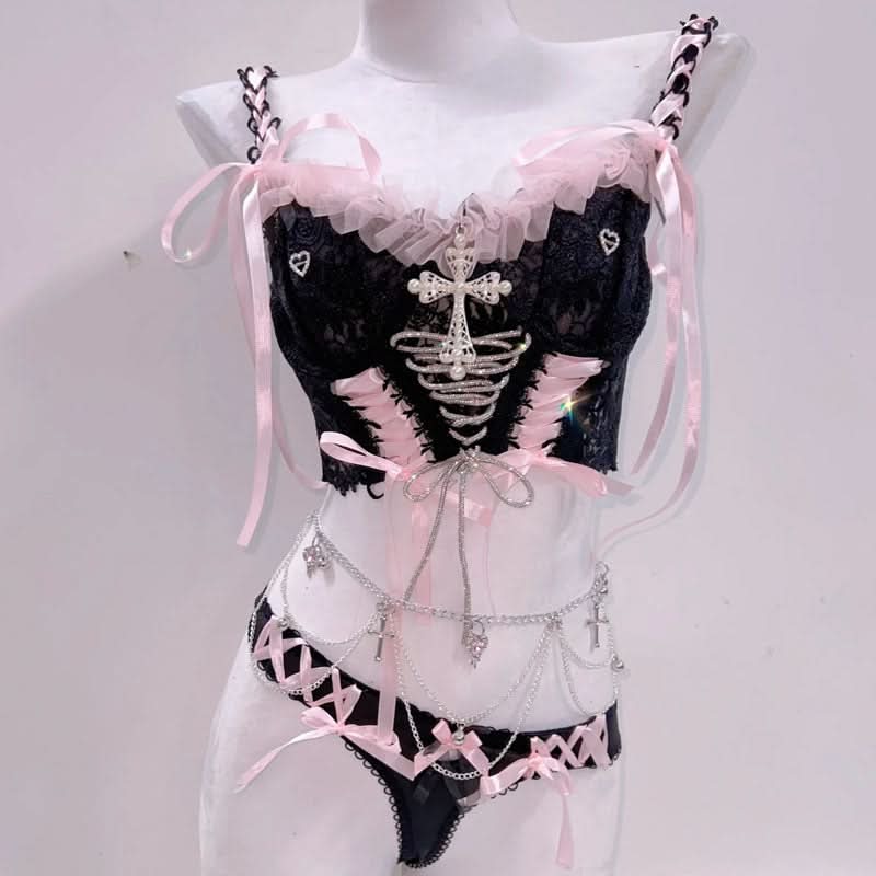 Black & Pink Gothic Coquette Lingerie Set | Lace-Up Corset Cami & Chain Charm Thong for Fall & Halloween