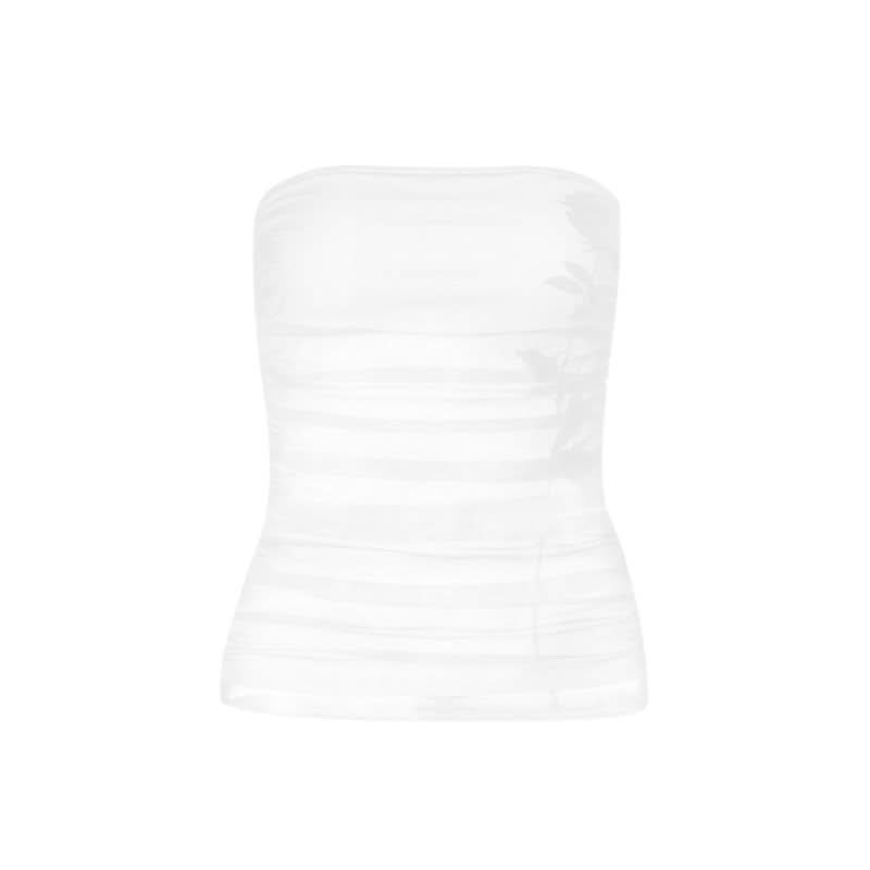 Alluring Ruched Mesh Strapless Top - Dark Floral Elegance for Fall & Holiday Glam