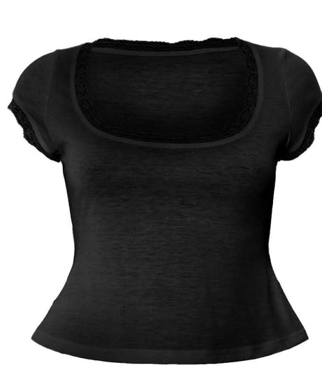 Autumn Whisper Lace-Trim Square Neck Tee - Soft & Stylish for Fall Layering