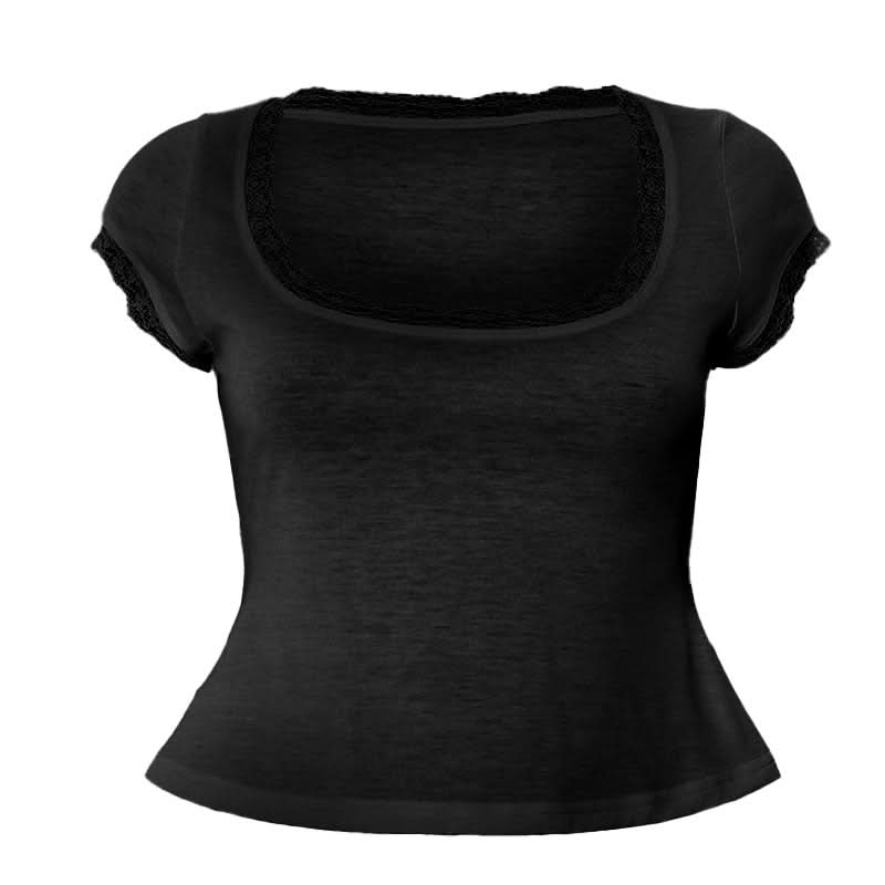 Autumn Whisper Lace-Trim Square Neck Tee - Soft & Stylish for Fall Layering