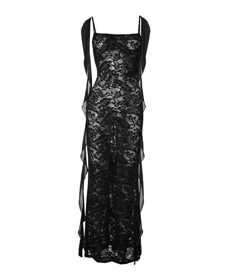 Enchanting Whisper Black Sheer Lace Maxi Gown with Ethereal Ruffle Straps – Your Fall & Halloween Statement Piece