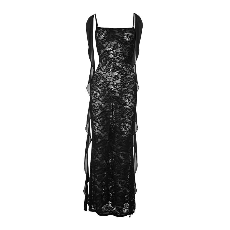 Enchanting Whisper Black Sheer Lace Maxi Gown with Ethereal Ruffle Straps – Your Fall & Halloween Statement Piece