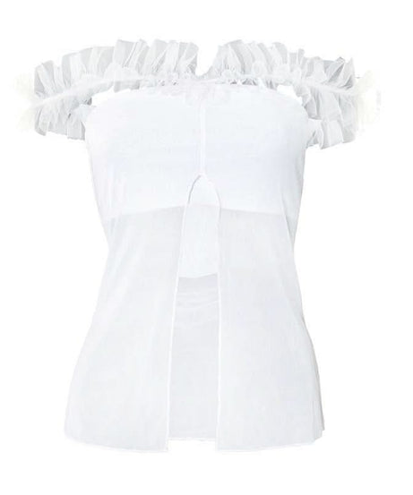 Effortless Chic: White Ruffle Off-Shoulder Sheer Slit Top – Your Go-To for Resort Getaways & Glamorous Holiday Style