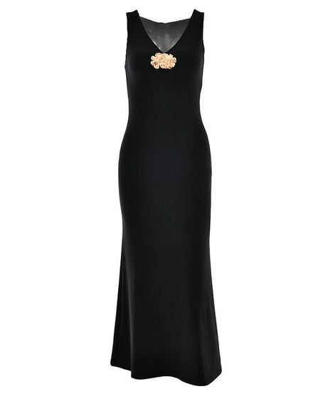 Timeless Black V-Neck Maxi Dress with Luxe Floral Brooch – Your Elegant Choice for Fall Galas & Holiday Soirees