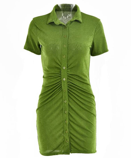 Chic Olive Green Ruched Button-Front Mini Dress – Your Essential Fall Style Statement