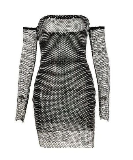 Dazzling Rhinestone Mesh Mini Dress for Women | Off-Shoulder Party & NYE Glam