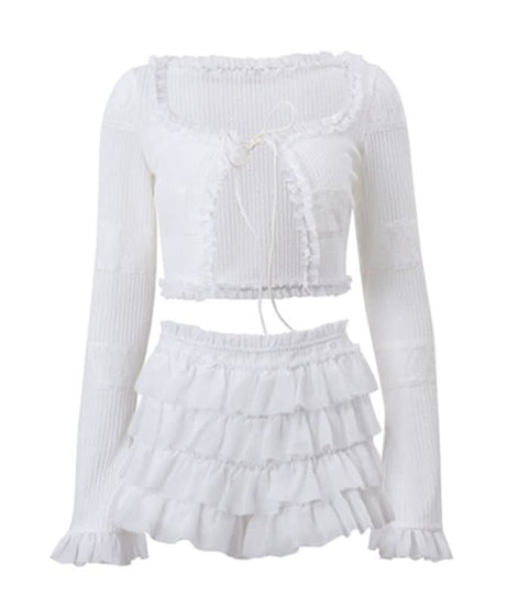 Dainty Coquette Ruffle Knit Set: Chic Long Sleeve Crop Top & Tiered Mini Skirt
