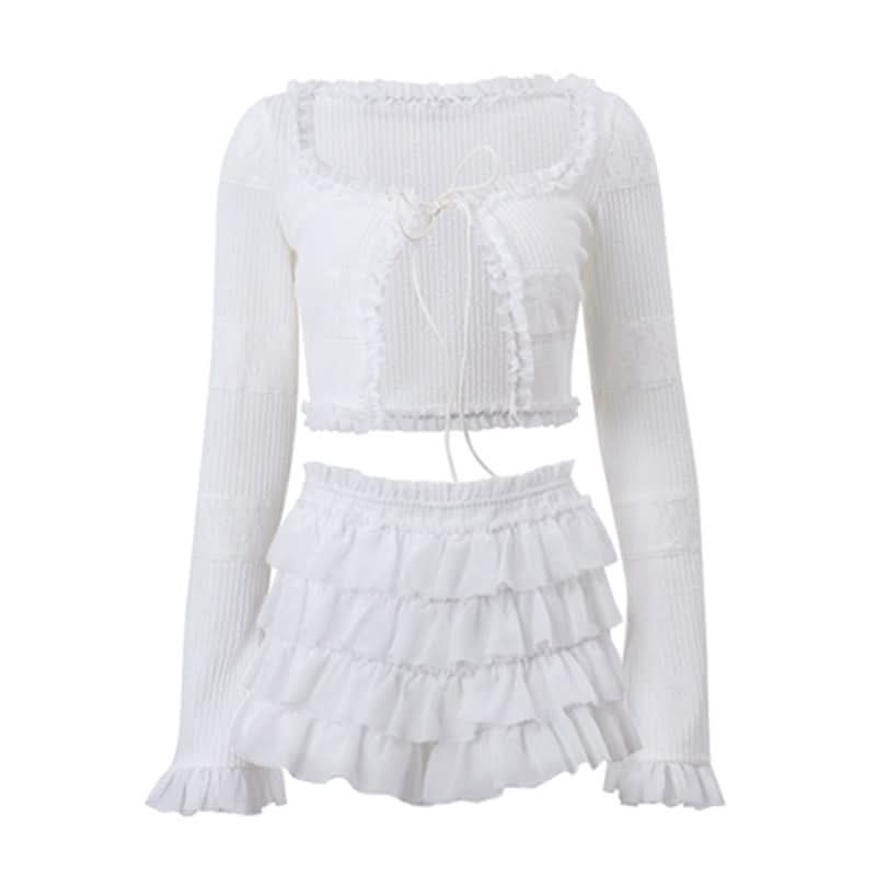 Dainty Coquette Ruffle Knit Set: Chic Long Sleeve Crop Top & Tiered Mini Skirt