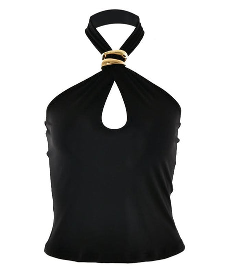 Edgy Black Halter Top with Gold Ring & Keyhole Cutout | Fall Party & Date Night Style