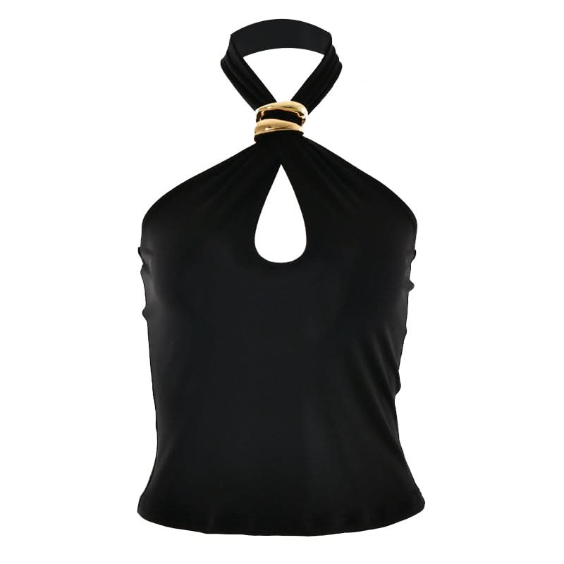 Edgy Black Halter Top with Gold Ring & Keyhole Cutout | Fall Party & Date Night Style